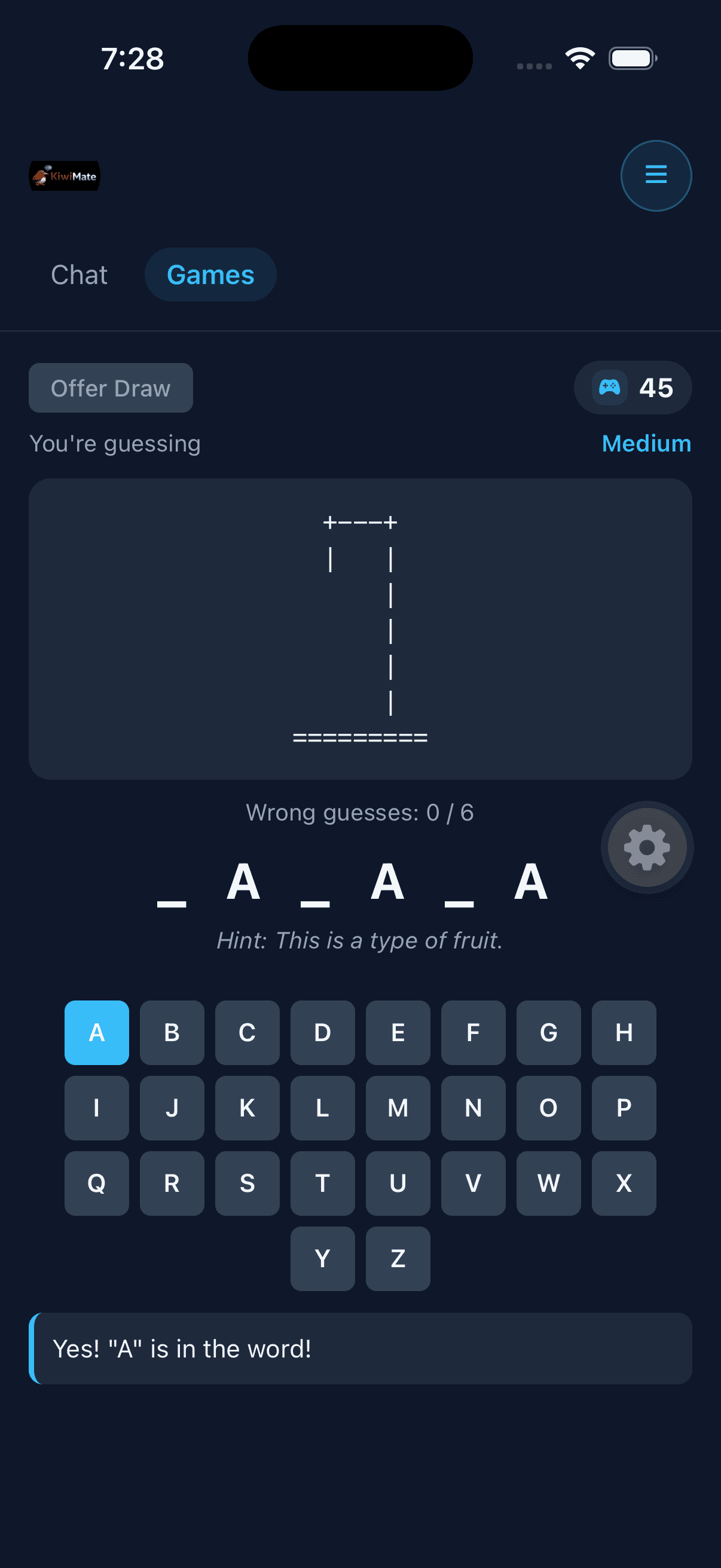 KiwiMate Hangman mini-game