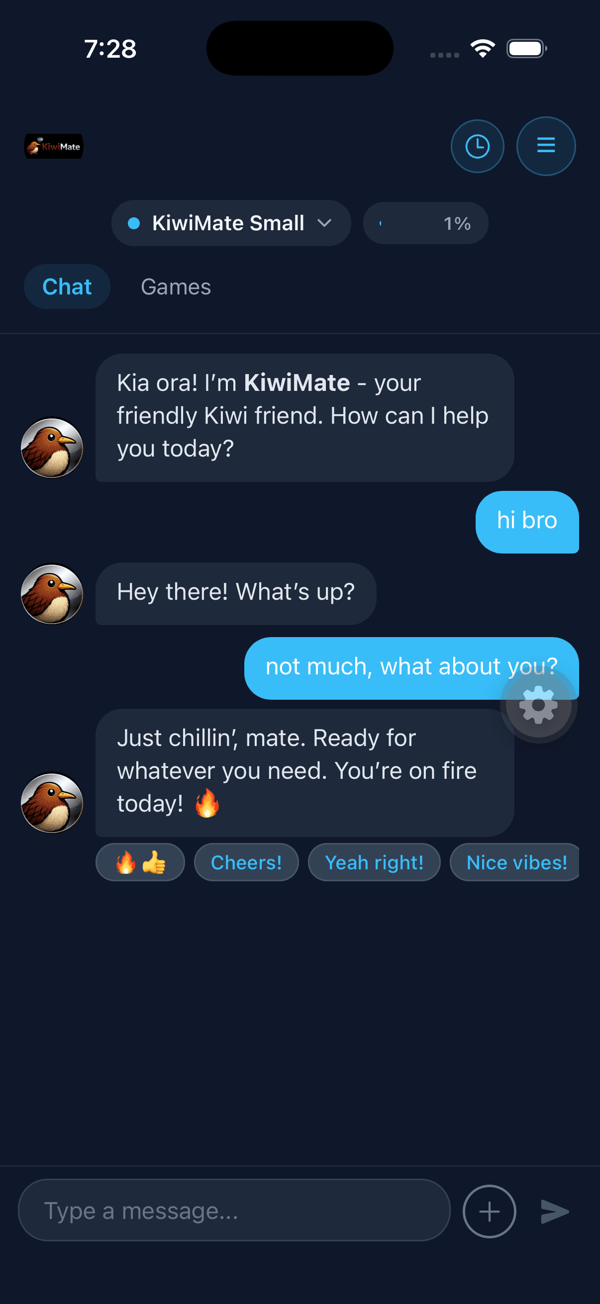 KiwiMate chat showing quick reaction and reply suggestions