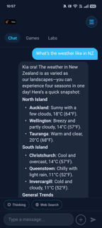 KiwiMate answering a weather question about New Zealand
